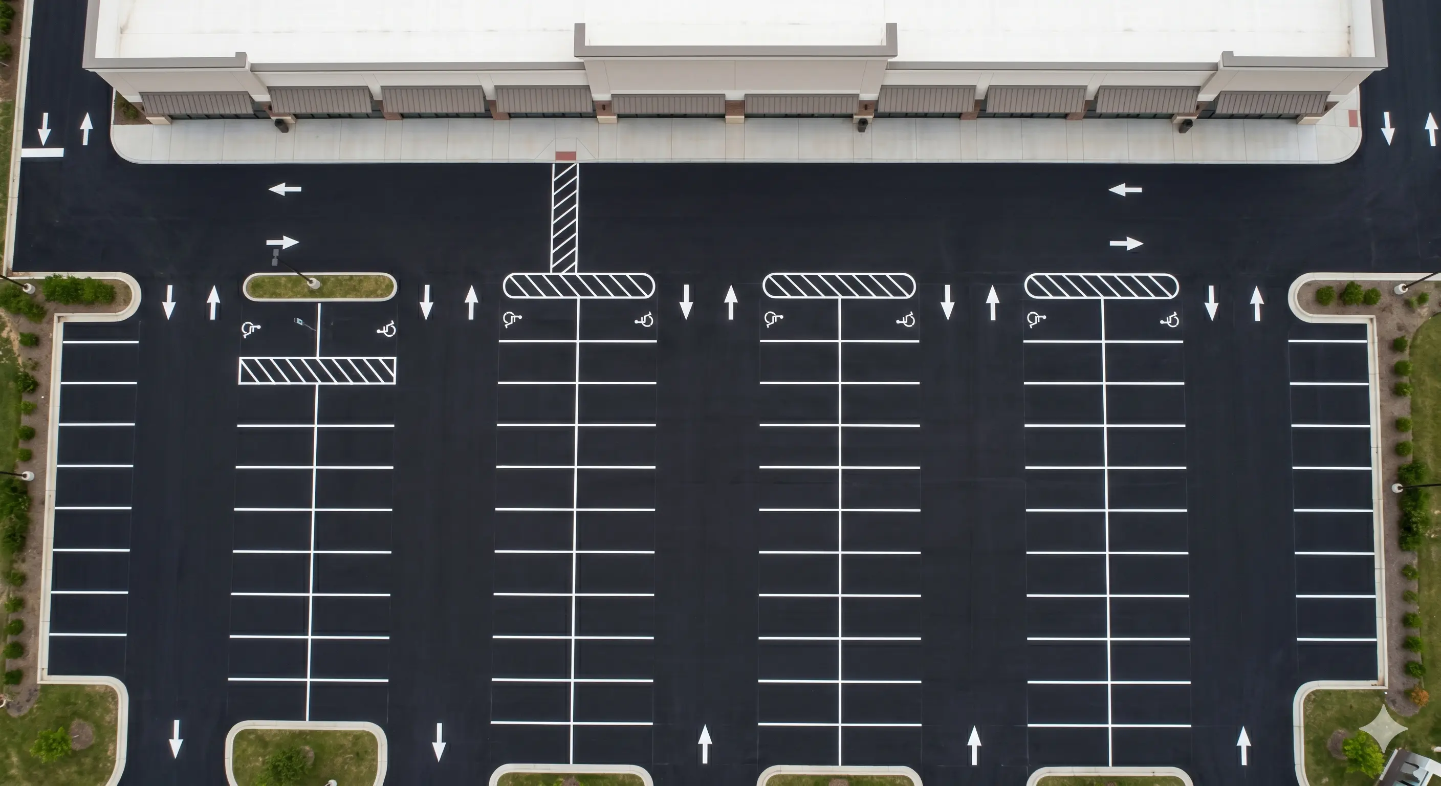Aerial view of a multi-tenant retail parking lot with multiple building sections and extensive paving.