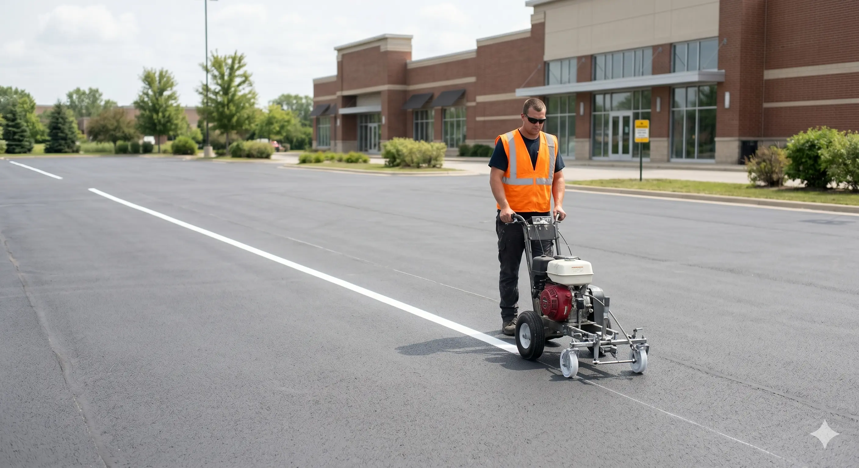 Crew member operating line-striping equipment on a freshly sealed commercial parking lot.