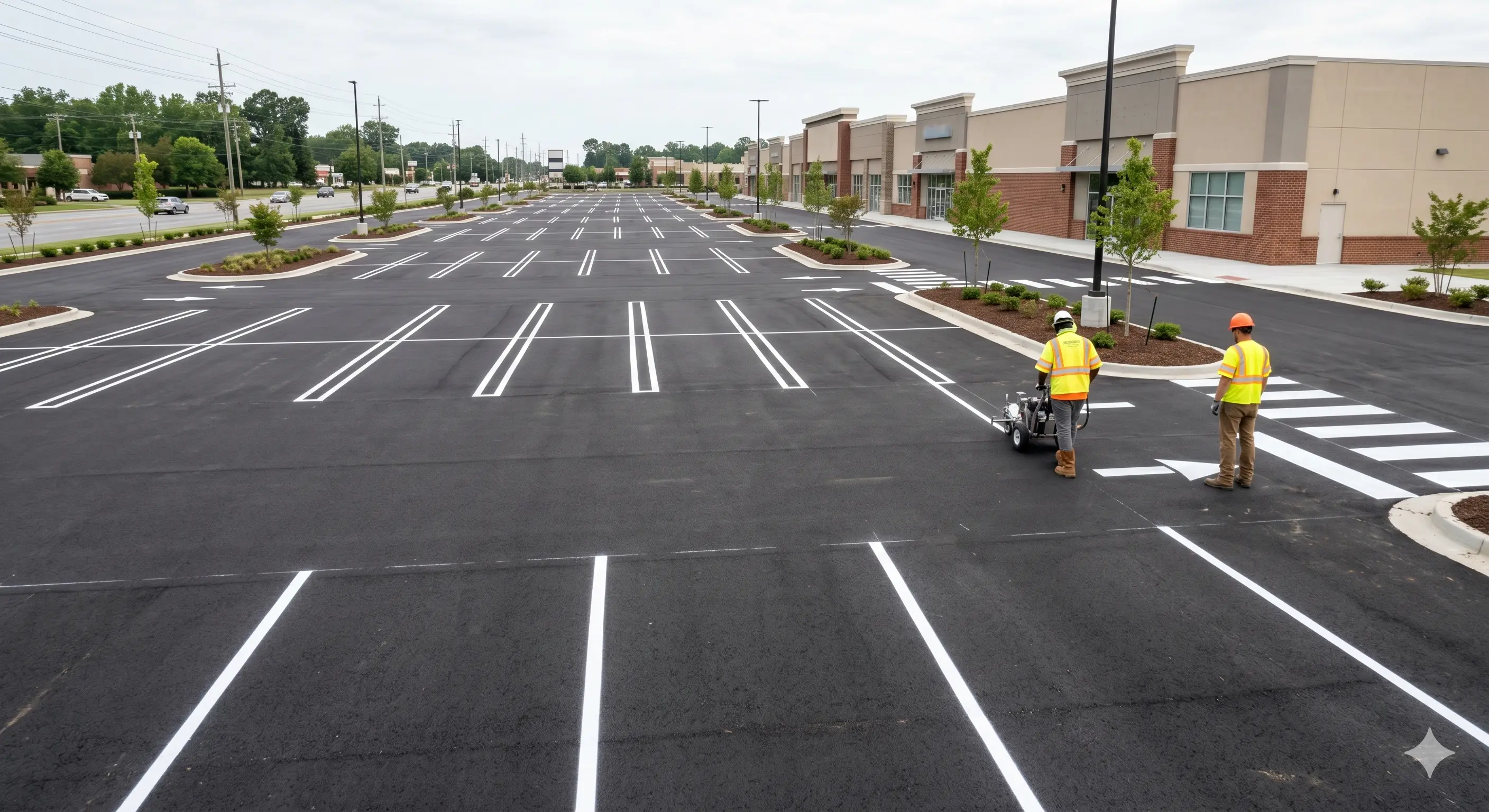 A freshly paved retail plaza parking lot with clean white line-striping at the storefront entrance